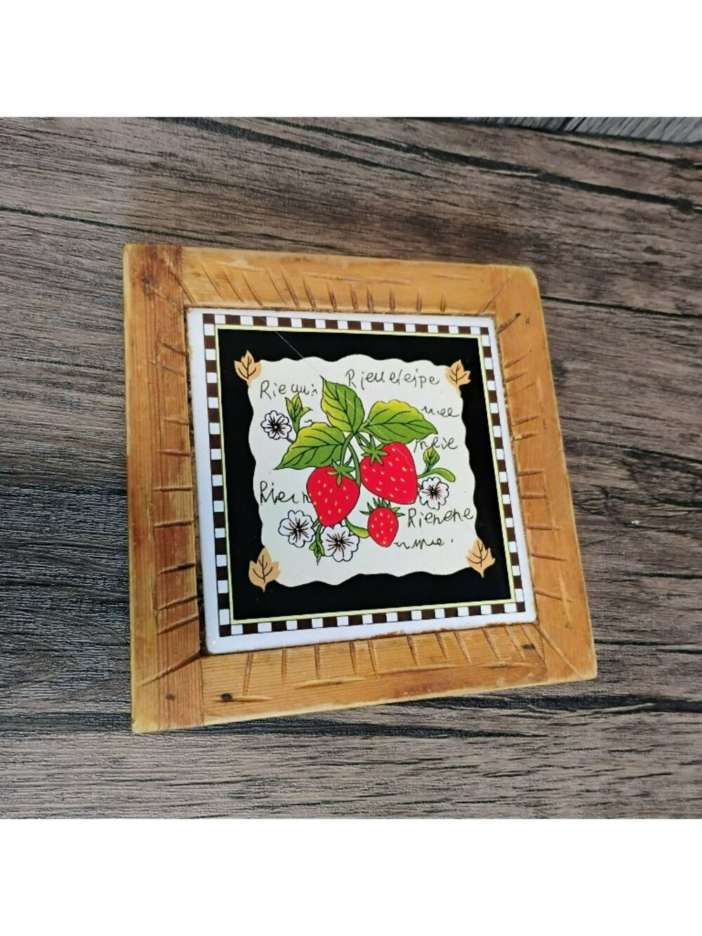 Vintage Strawberry Design Wooden Tile Hot Pad Trivet w Rubber Feet 6" Rustic